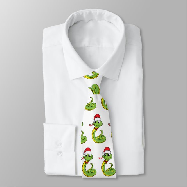 Cute green snake with santa hat cartoon neck tie (Tied)