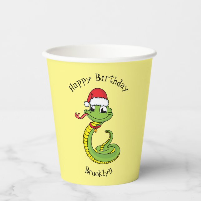 Cute green snake with santa hat cartoon paper cups (Front)