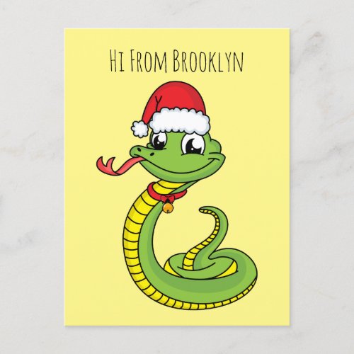 Cute green snake with santa hat cartoon postcard