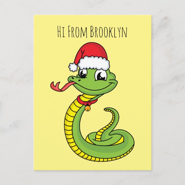 Cute green snake with santa hat cartoon postcard (Front)