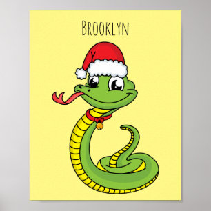Cute green snake with santa hat cartoon poster