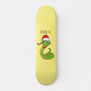 Cute green snake with santa hat cartoon skateboard