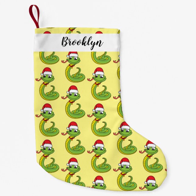 Cute green snake with santa hat cartoon small christmas stocking (Front)
