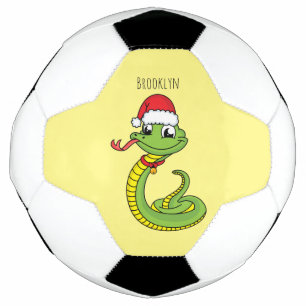 Cute green snake with santa hat cartoon soccer ball