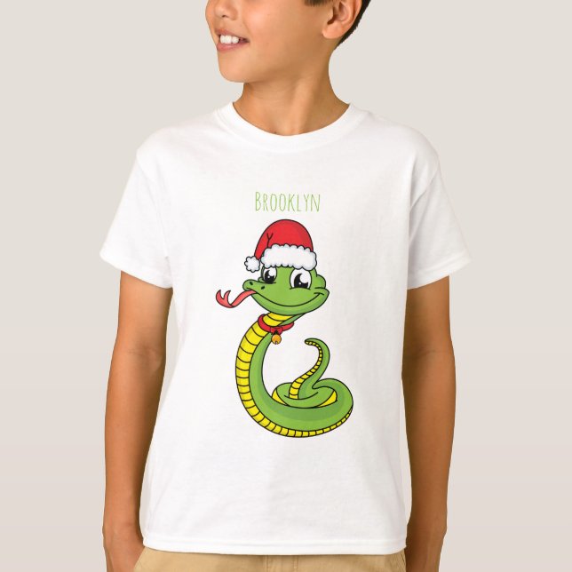 Cute green snake with santa hat cartoon T-Shirt (Front)