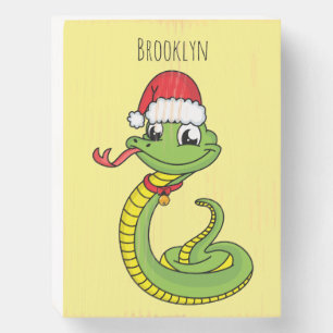 Cute green snake with santa hat cartoon wooden box sign