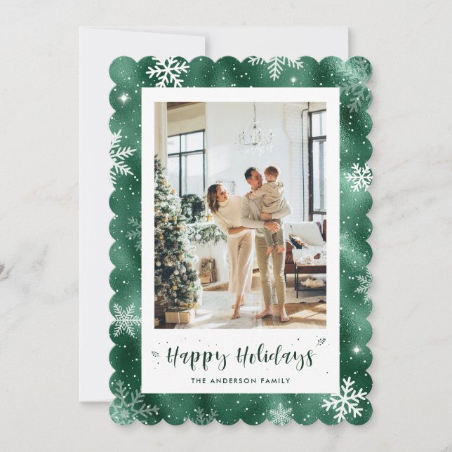 Cute Green Snowy Photo Holiday Card (Front)