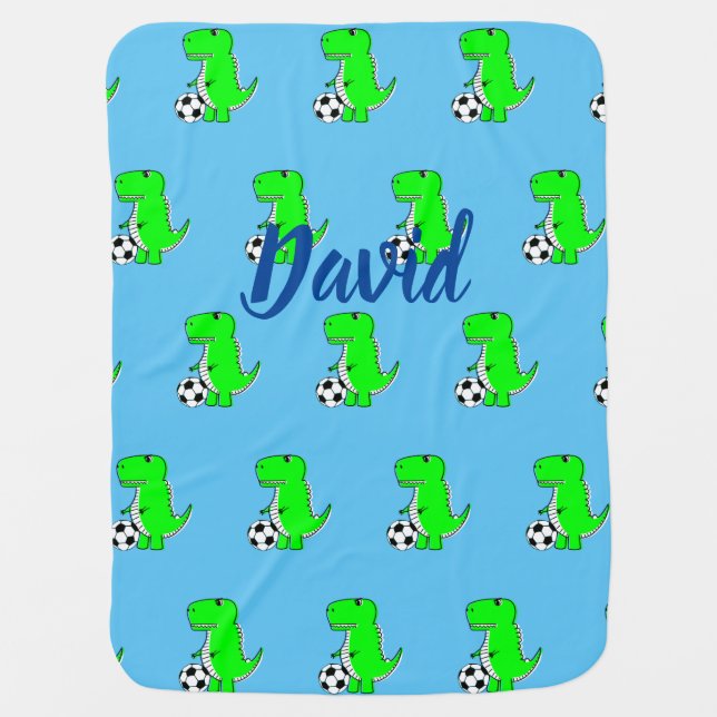 Cute Green Soccer Dino T-Rex On Blue  Baby Blanket (Front)