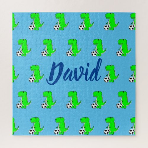 Cute Green Soccer Dino T_Rex On Blue Jigsaw Puzzle