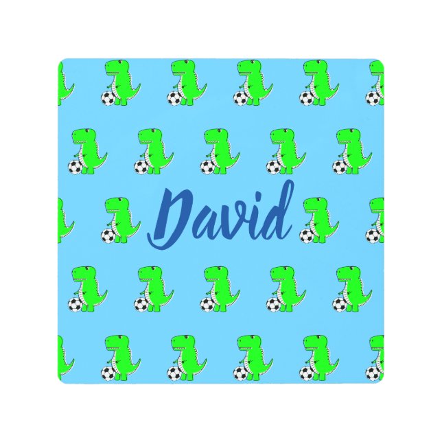 Cute Green Soccer Dino T-Rex On Blue Poster (Front)