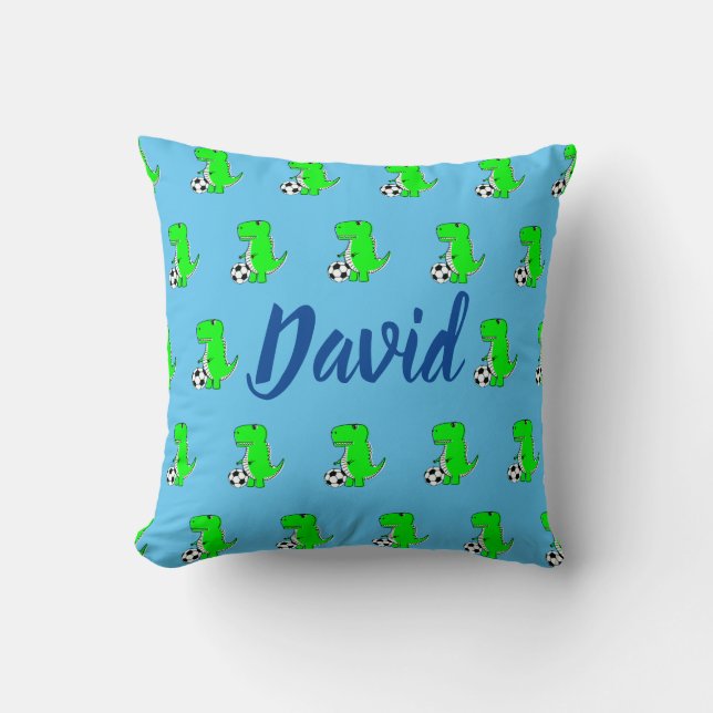 Cute Green Soccer Dino T-Rex On Blue Throw Pillow (Front)