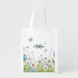 Cute Green Spring Flower Wildflower Bouquet Monogr Grocery Bag