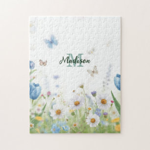 Cute Green Spring Flower Wildflower Bouquet Monogr Jigsaw Puzzle