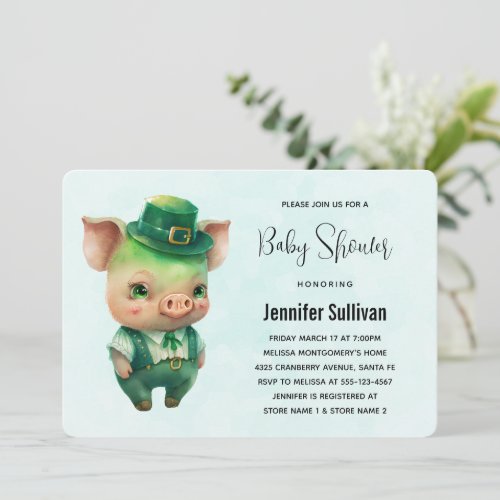 Cute Green St Patricks Day Pig Baby Shower Invitation