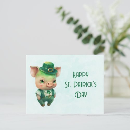 Cute Green St Patricks Day Pig Holiday Postcard