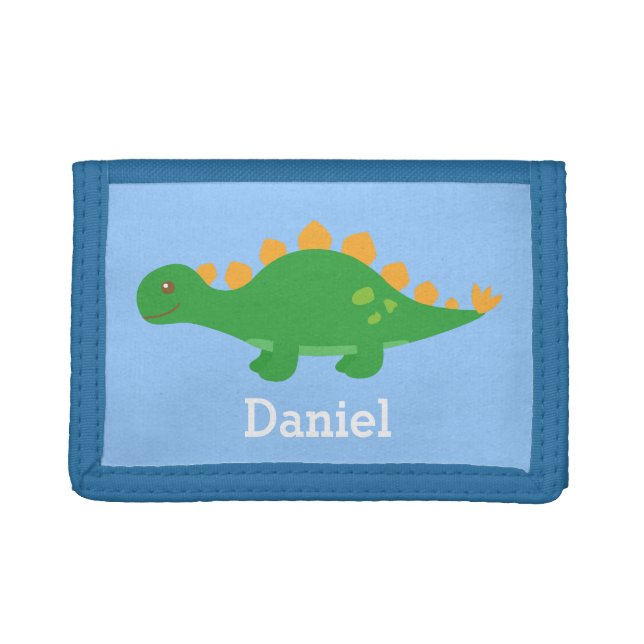 Cute Green Stegosaurus Dinosaur Kids Personalized Trifold Wallet (Front)