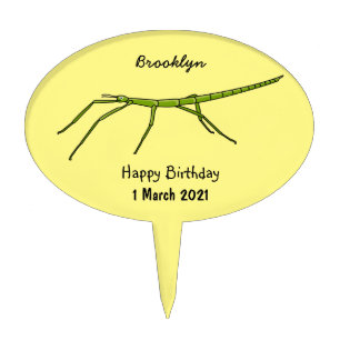 Cute green stick insects with happy faces cartoon cake topper