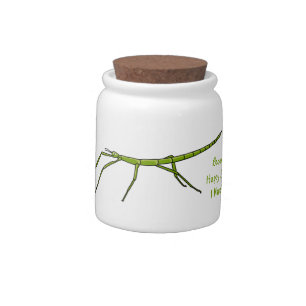 Cute green stick insects with happy faces cartoon candy jar
