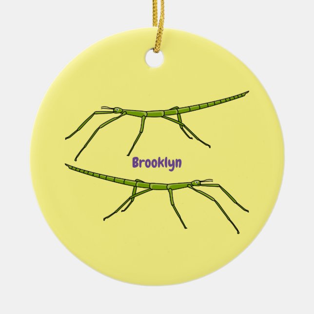 Cute green stick insects with happy faces cartoon ceramic ornament (Front)