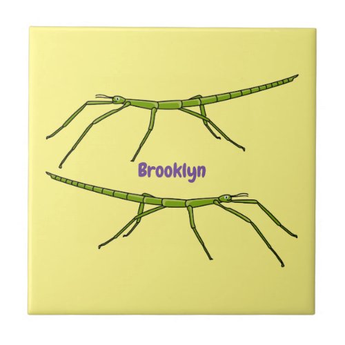 Cute green stick insects with happy faces cartoon ceramic tile
