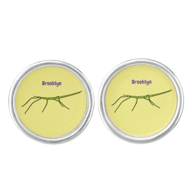 Cute green stick insects with happy faces cartoon  cufflinks (Front)
