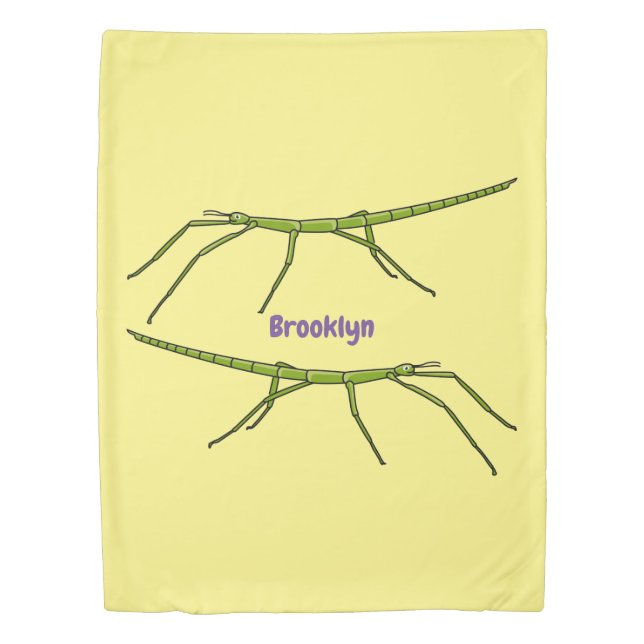 Cute green stick insects with happy faces cartoon  duvet cover (Front)