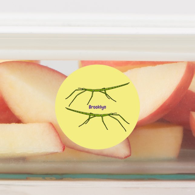 Cute green stick insects with happy faces cartoon labels (Affixed)