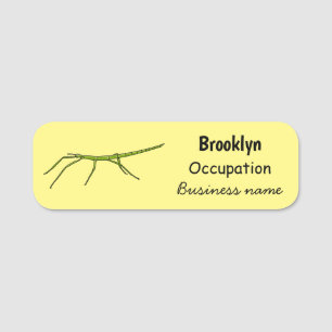 Cute green stick insects with happy faces cartoon name tag