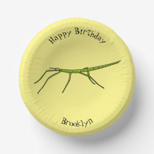Cute green stick insects with happy faces cartoon  paper bowls