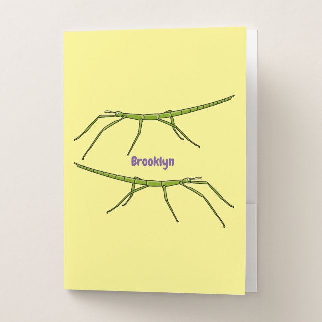 Cute green stick insects with happy faces cartoon  pocket folder (Front)