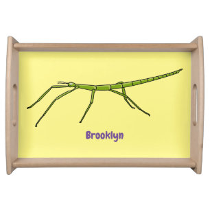 Cute green stick insects with happy faces cartoon  serving tray