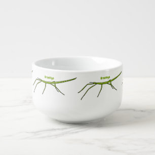 Cute green stick insects with happy faces cartoon  soup mug