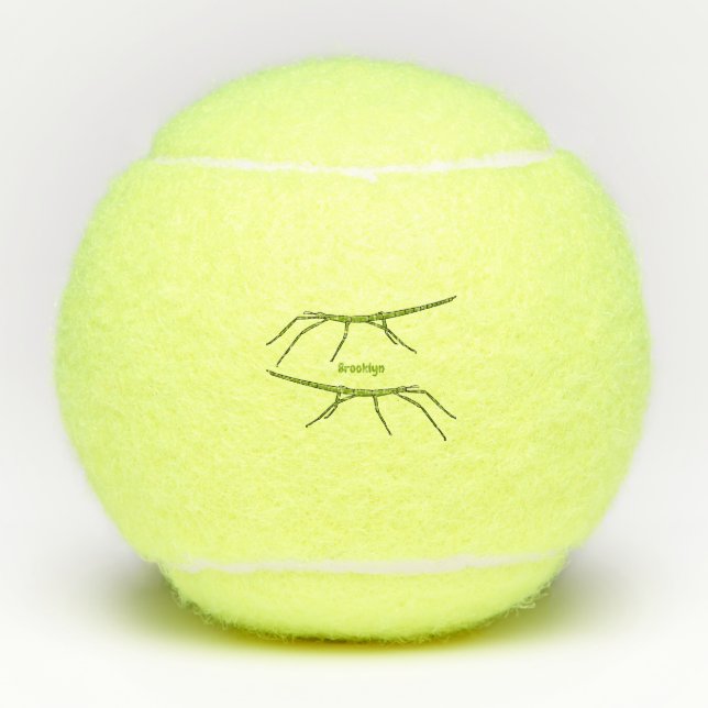 Cute green stick insects with happy faces cartoon tennis balls (Front)