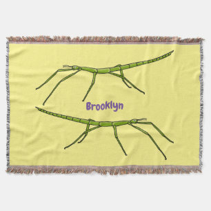 Cute green stick insects with happy faces cartoon  throw blanket