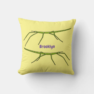 Cute green stick insects with happy faces cartoon throw pillow
