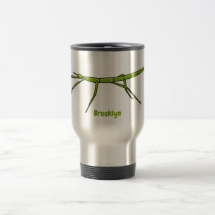Cute green stick insects with happy faces cartoon travel mug