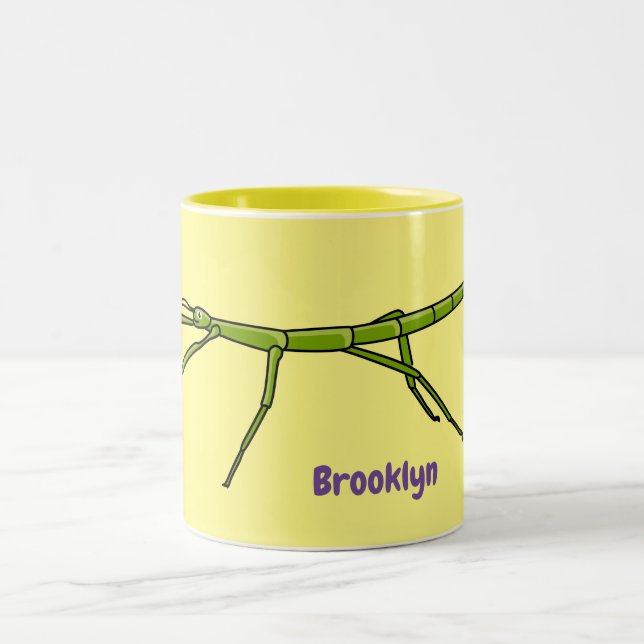 Cute green stick insects with happy faces cartoon  Two-Tone coffee mug (Center)