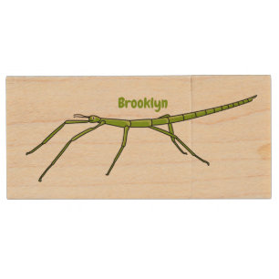 Cute green stick insects with happy faces cartoon  wood flash drive
