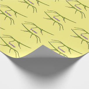 Cute green stick insects with happy faces cartoon wrapping paper