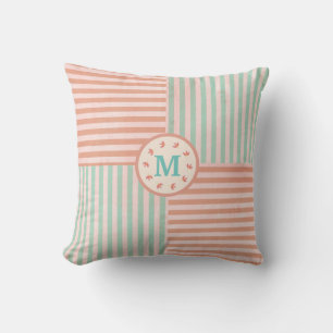 Cute Green Stripe Monogram Throw Pillow