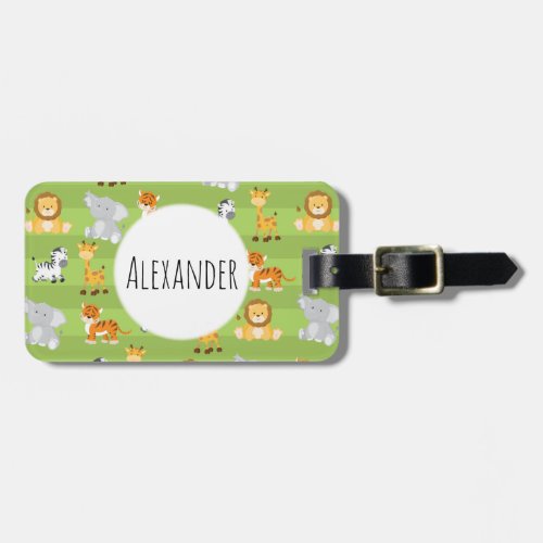 Cute Green Stripe Safari Jungle Animals Luggage Tag