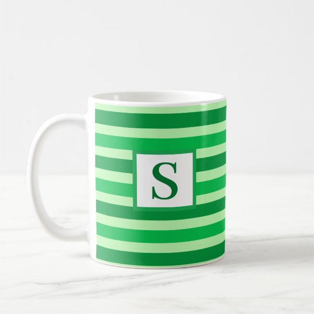 Cute Green Striped Design Custom Initial Coffee Mug (Left)