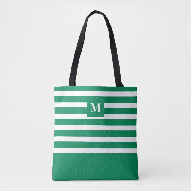 Cute Green Striped Monogram Beach Tote Bag (Front)