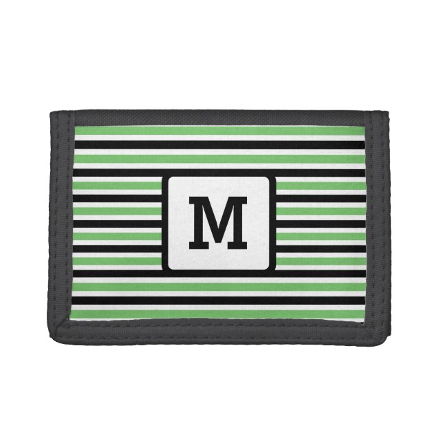 Cute Green Stripes Custom Single Initial Black Tri-fold Wallet (Front)