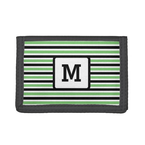 Cute Green Stripes Custom Single Initial Black Trifold Wallet