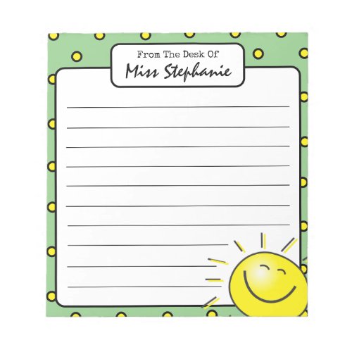 Cute Green Sunshine Smile Face From Teacher  Notepad