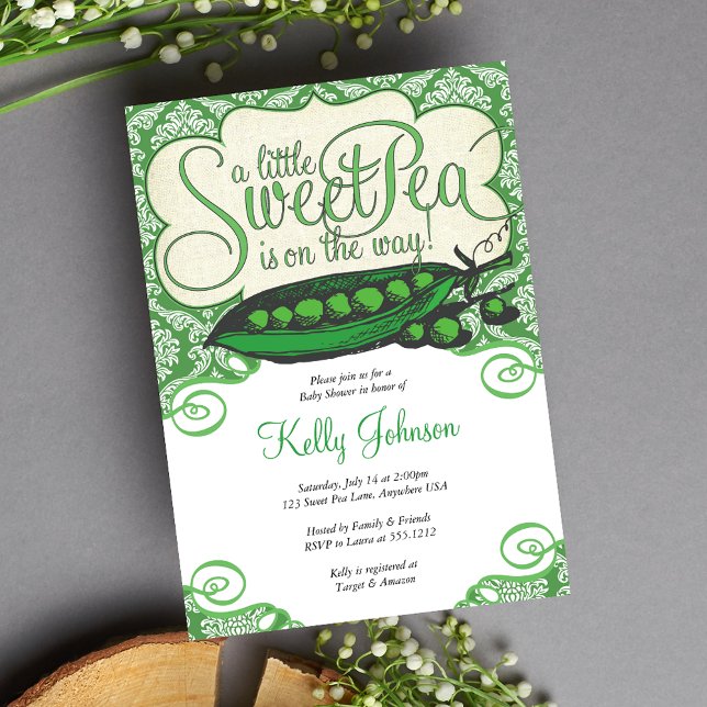 Cute Green Sweet Pea Baby Shower Invitation (Creator Uploaded)