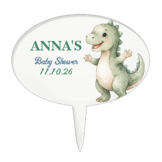 Cute Green T-Rex Dinosaur Baby Shower Cupcake Cake Topper