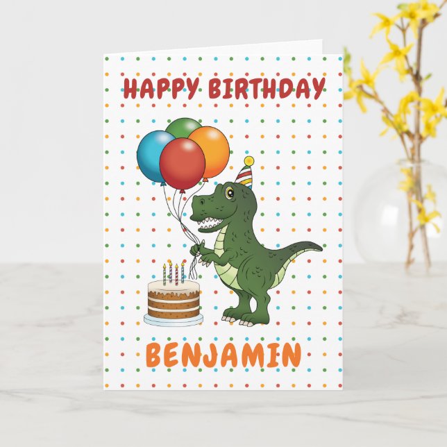 Cute Green T-rex Dinosaur Colorful Happy Birthday Card (Yellow Flower)