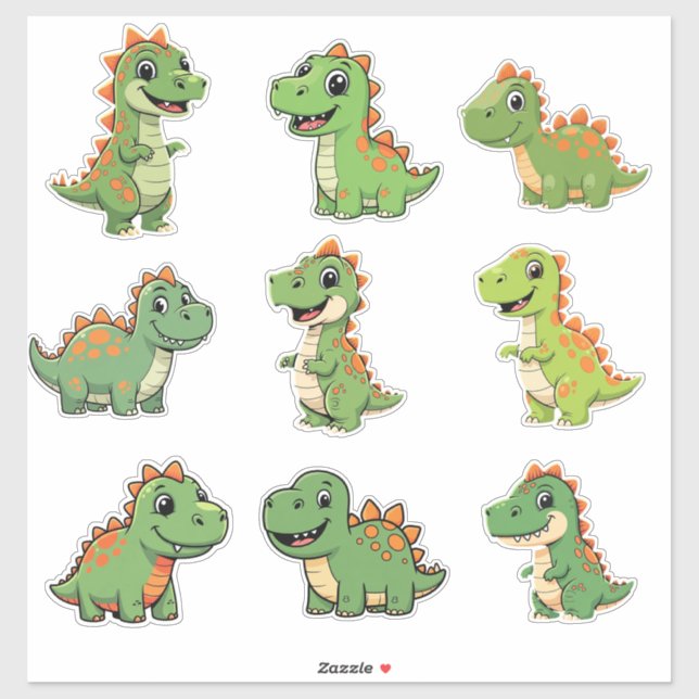 Cute Green T-Rex Dinosaur Kids Vinyl Sticker (Sheet)